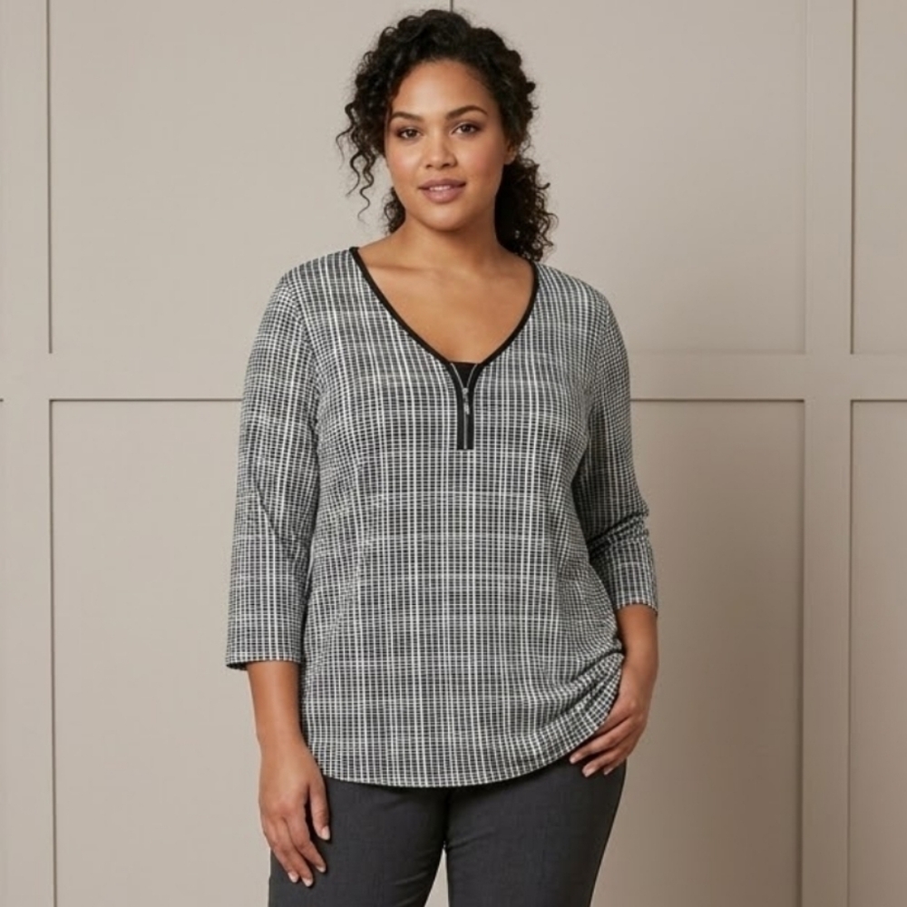 George Plus Size Black and White Plaid Top with Zipper Detail, 3X